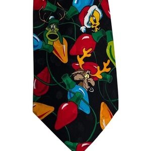 Looney Tunes Christmas Necktie Bugs Bunny Taz Tweety Sylvester 100% Silk EUC